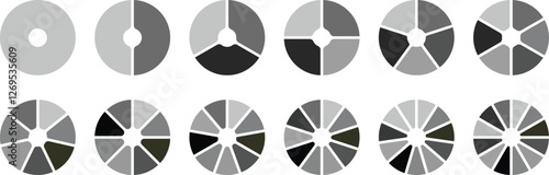 Pie charts icons. Segment slice sign. Pie charts data, pie charts info. Circle section graph. 1,2,3,4,5,6 segment infographic. Wheel diagram parts. Infographic element round shape. Vector illustration