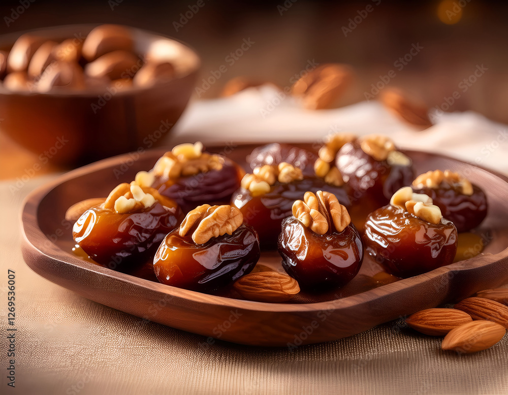 Close-up of stuffed dates with almonds and walnuts, soft warm lighting Close-up of stuffed dates with almonds and walnuts, soft warm lighting