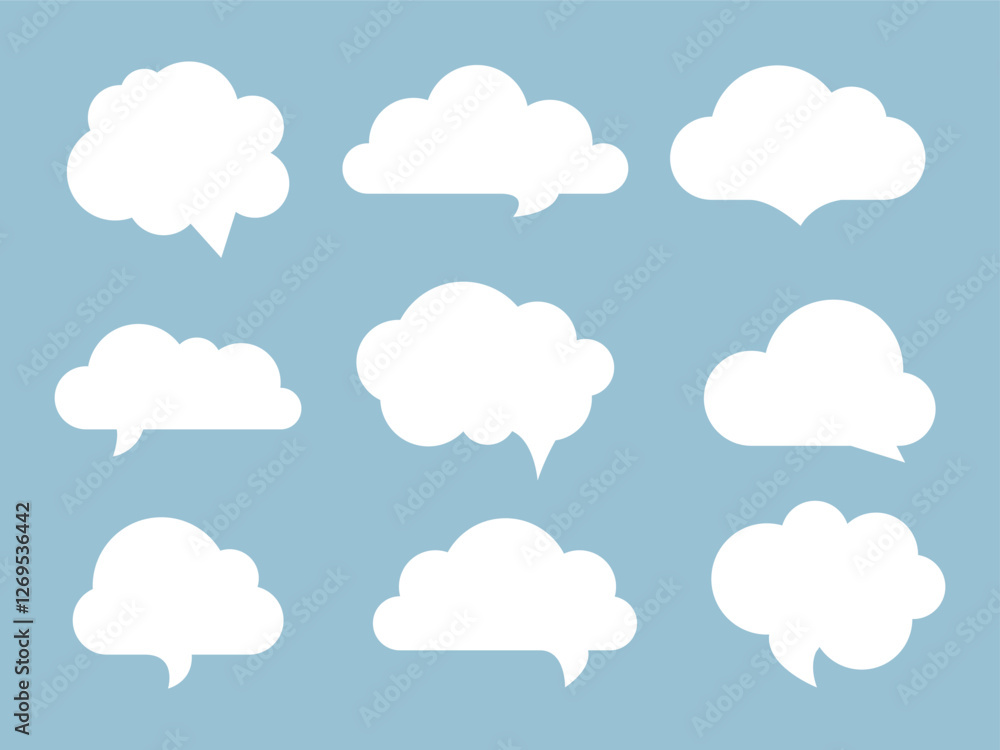 Set of fluffy speech bubble clouds isolated. Talk balloon simple silhouette. Text frame for chatting conversation. Message cloud icon collection Set of fluffy speech bubble clouds isolated. Talk balloon simple silhouette. Text frame for chatting conversation. Message cloud icon collection