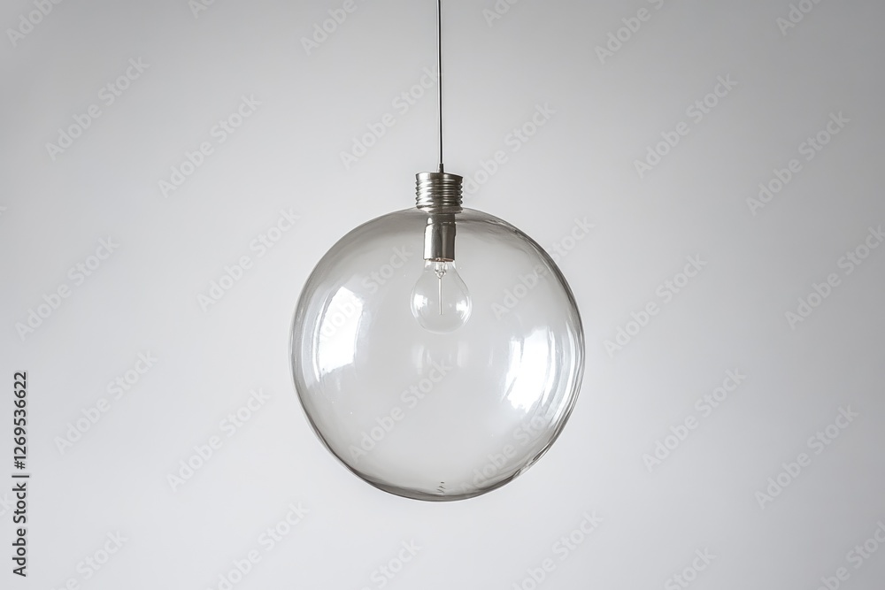 A minimalist pendant light with a clear glass globe shade and a metal fitting. A minimalist pendant light with a clear glass globe shade and a metal fitting.