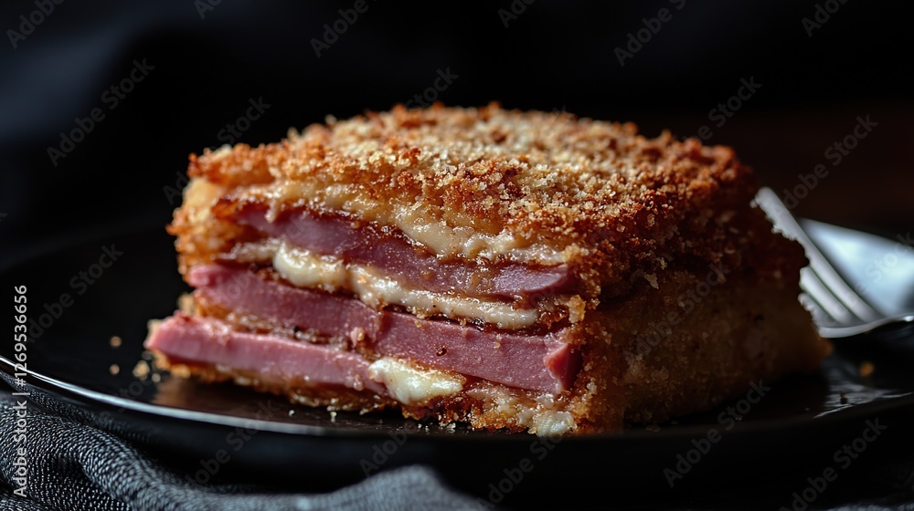 A cross-section of Chicken Cordon Bleu, revealing layers of savory ham and rich, melted Swiss cheese encased in a crispy breadcrumb coating A cross-section of Chicken Cordon Bleu, revealing layers of savory ham and rich, melted Swiss cheese encased in a crispy breadcrumb coating