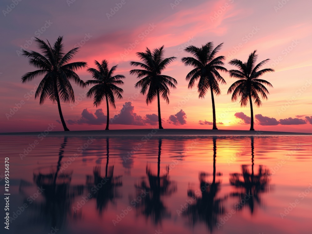 Serene sunset with palm trees reflected on water. Serene sunset with palm trees reflected on water.