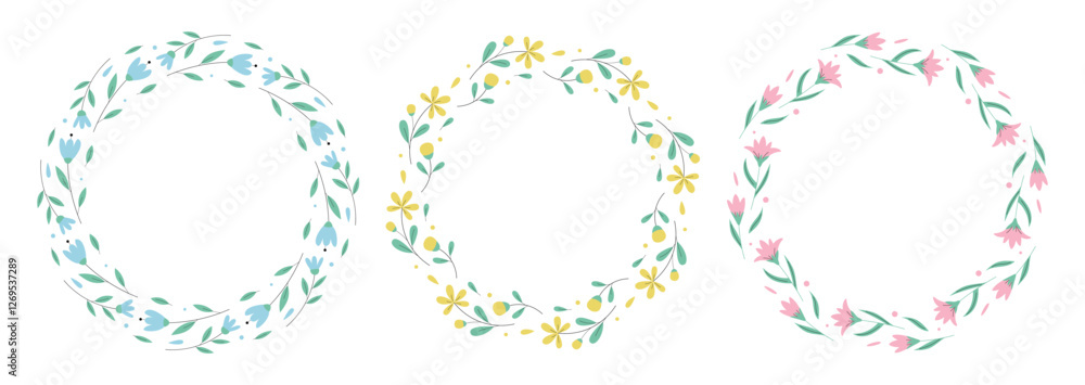 Set of spring wreath. Floral round frames. Decorative elements for greeting card, invitation, banner, sale. Set of spring wreath. Floral round frames. Decorative elements for greeting card, invitation, banner, sale.