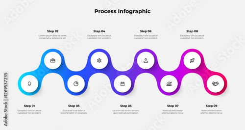 Modern infographic showcasing a 9 steps process ideal for business presentations and workflow documentation, emphasizes clear communication and visual appeal