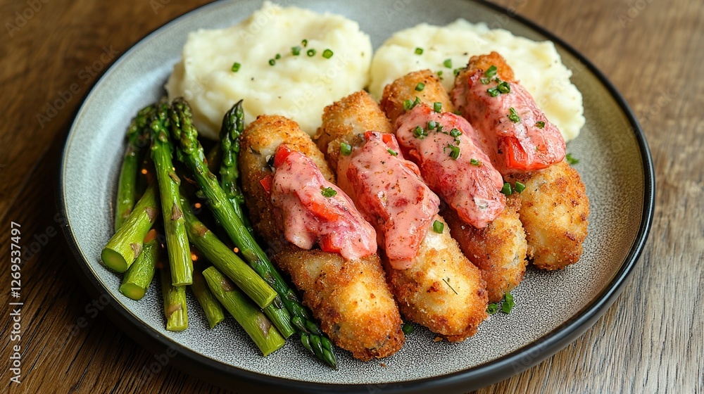 An overhead shot of Chicken Cordon Bleu served on a fine plate with a side of asparagus and mashed potatoes An overhead shot of Chicken Cordon Bleu served on a fine plate with a side of asparagus and mashed potatoes