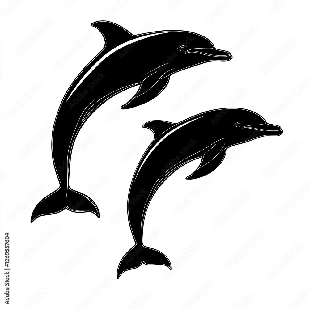 Naklejka premium Two dolphins jumping, isolated, black silhouette