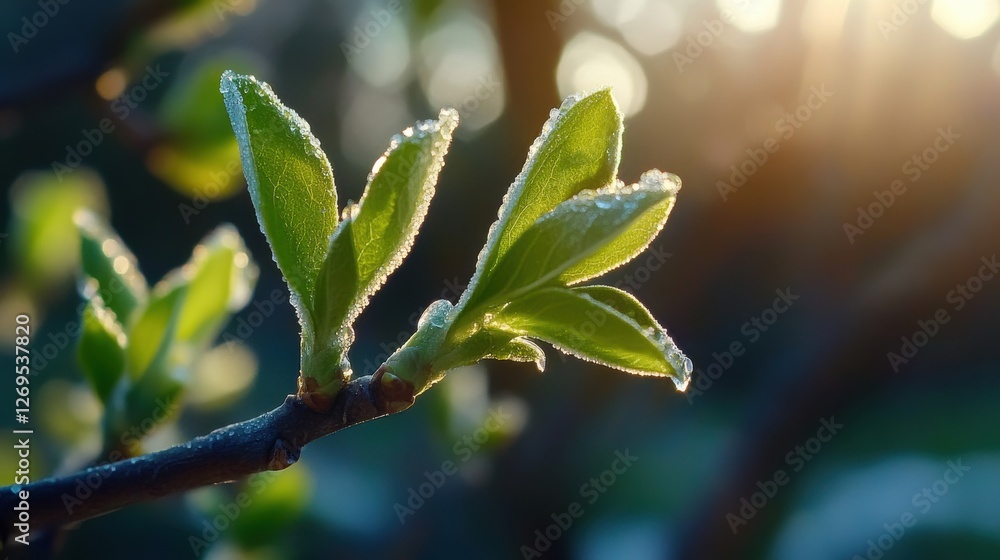 Dew-kissed spring leaves at sunrise in a serene natural setting. Dew-kissed spring leaves at sunrise in a serene natural setting.