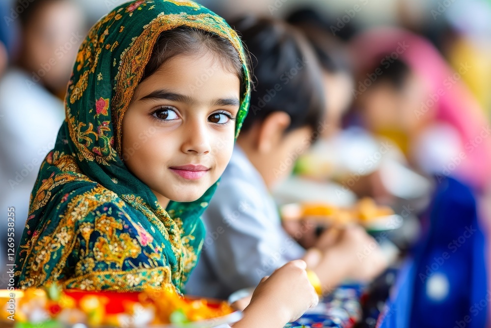 Fototapeta premium Young Girl in Colorful Headscarf at a Cultural Event Celebration