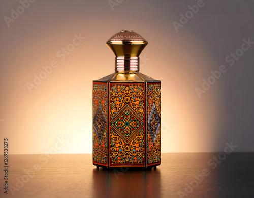 Perfume bottle with a minimal Ramadan-inspired design, no excessive details