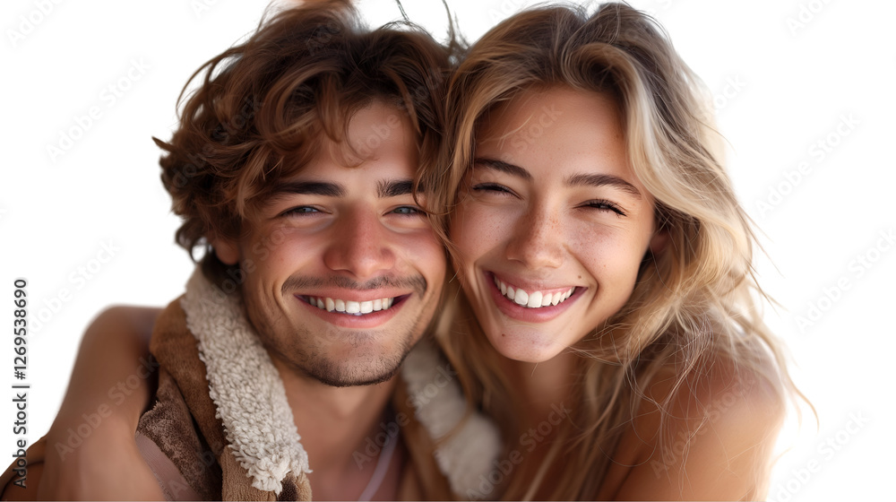 Fototapeta premium Happy Couple Romantic Love Portrait, Joyful Smiles for Intimate Themes, isolated on transparent background.