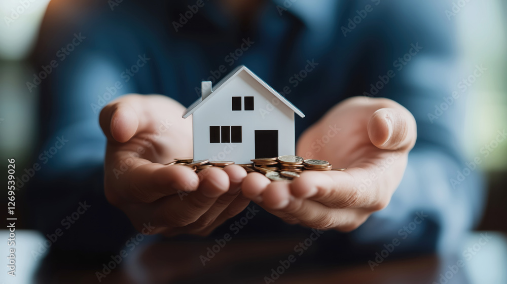 Hands Holding Model House Surrounded by Coins for Investment Concept Hands Holding Model House Surrounded by Coins for Investment Concept