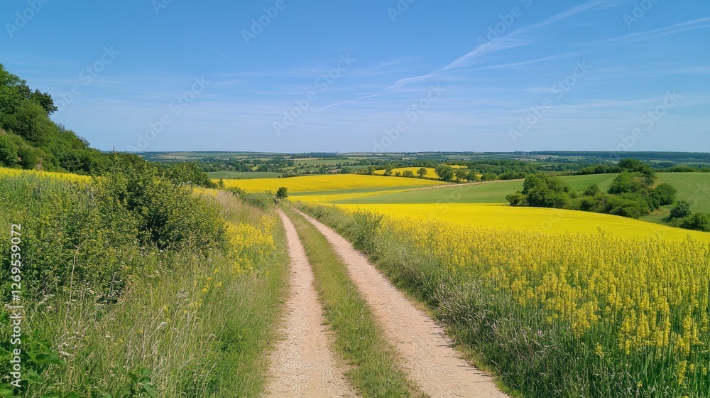 Rural Dirt Road Through Yellow Rapeseed Fields Rural Dirt Road Through Yellow Rapeseed Fields
