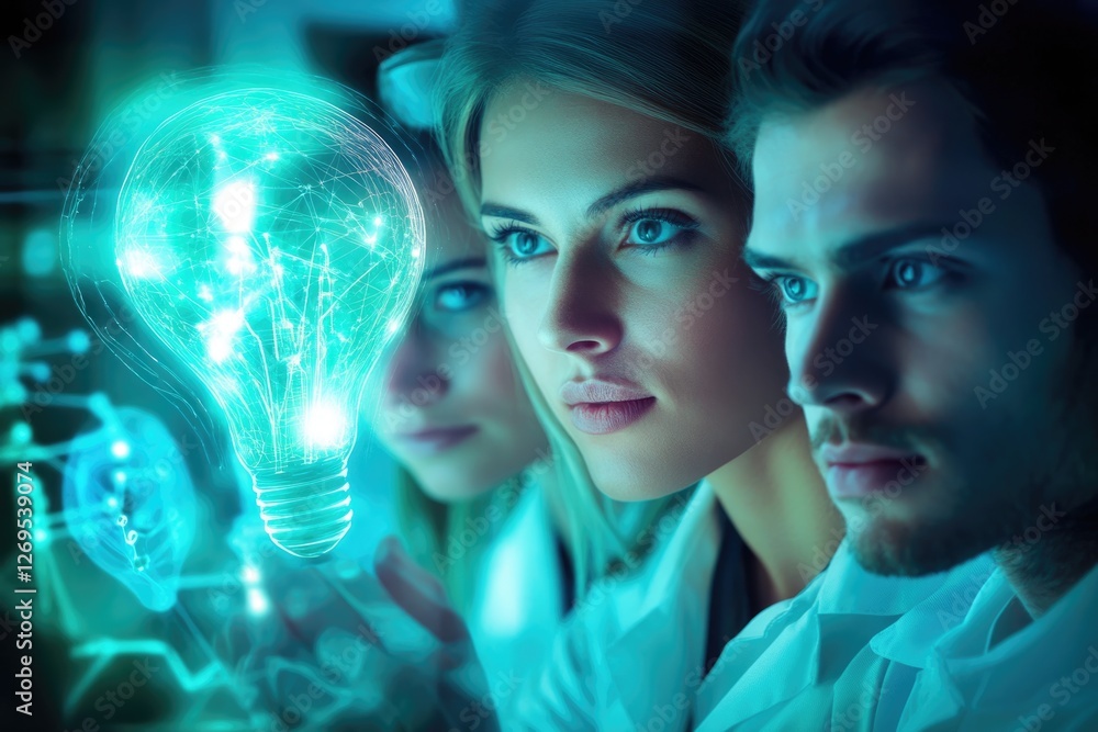 Obraz premium Scientists collaborating, illuminated by a glowing, interconnected lightbulb symbolizing innovation and groundbreaking discoveries.