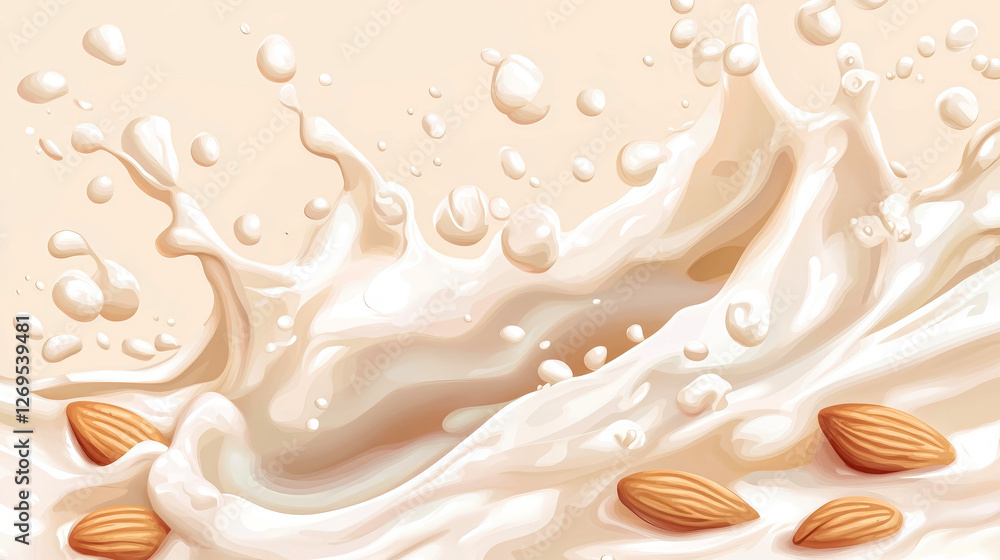 A stunning display of milk bursting into the air, accented by scattered almonds A stunning display of milk bursting into the air, accented by scattered almonds