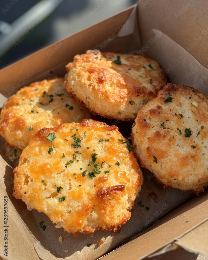 Four freshly baked cheese biscuits or buns with herbs, placed in a cardboard box Four freshly baked cheese biscuits or buns with herbs, placed in a cardboard box