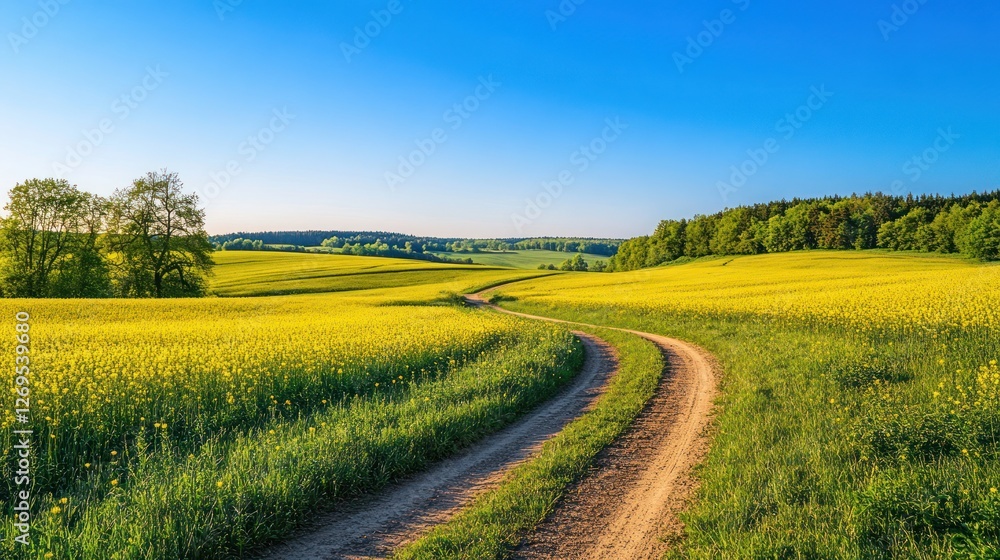 Obraz premium Winding country road through vibrant rapeseed field, sunny day, rolling hills