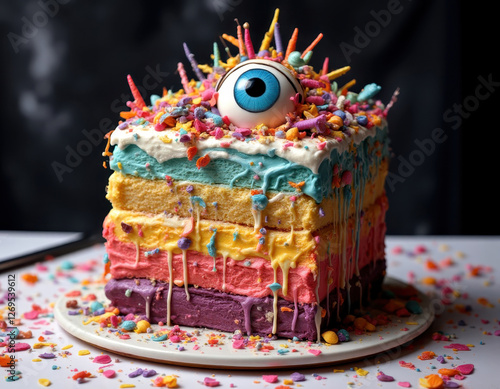 Colorful surreal cake with eyeball decoration for whimsical celebrations photo