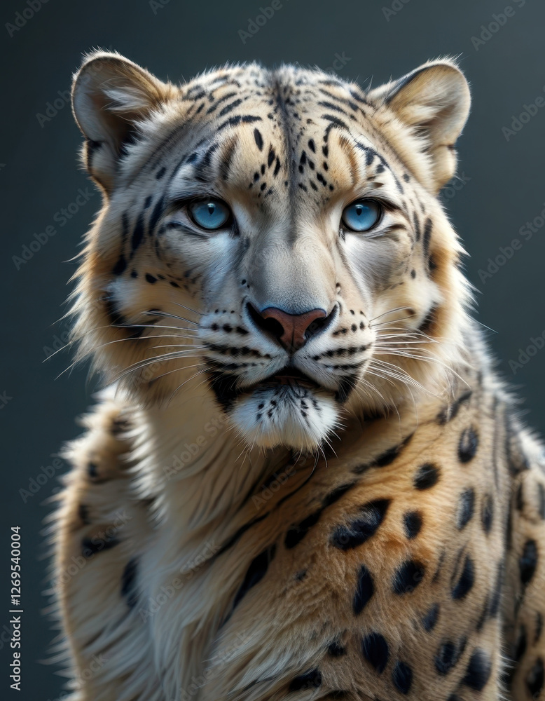 Majestic snow leopard with striking blue eyes against a dark background Majestic snow leopard with striking blue eyes against a dark background
