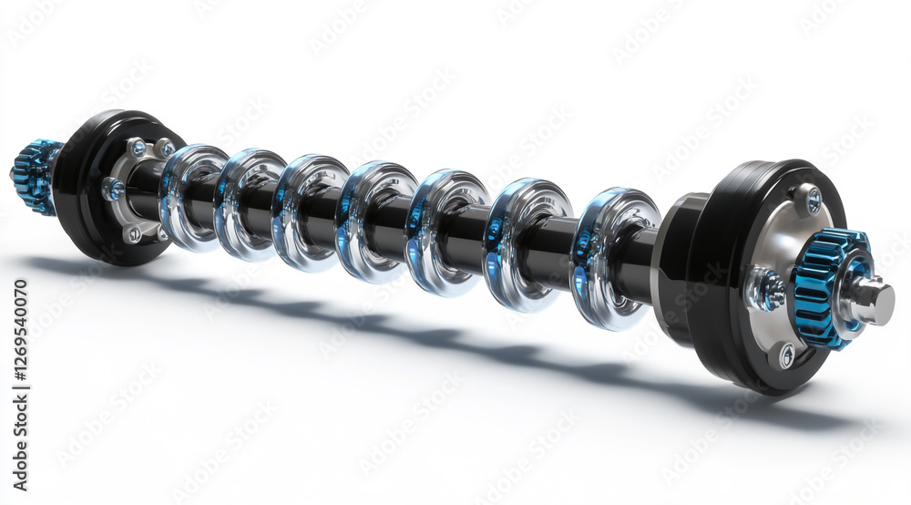 A black and blue car shock absorber with a spring on a white background A black and blue car shock absorber with a spring on a white background