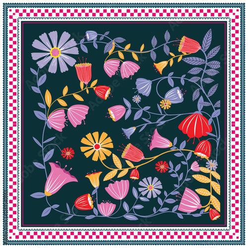 Square floral scarf print pattern with colorful flowers and leaves on a dark green background