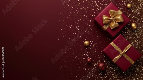 Maroon and Gold Gift Boxes with Glitter on a Dark Background