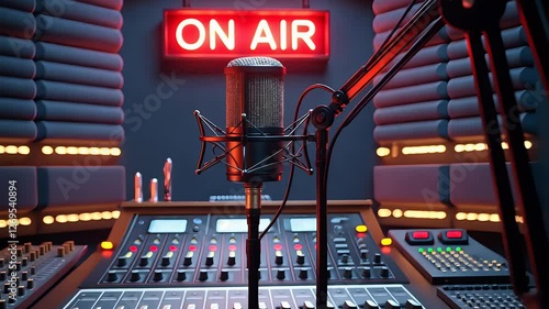 Professional podcast studio with on-air microphone, soundproof panels, and neon lighting