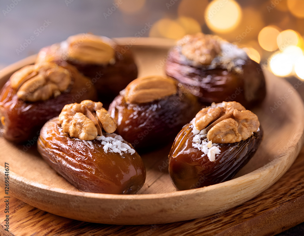 Close-up of stuffed dates with almonds and walnuts, soft warm lighting Close-up of stuffed dates with almonds and walnuts, soft warm lighting