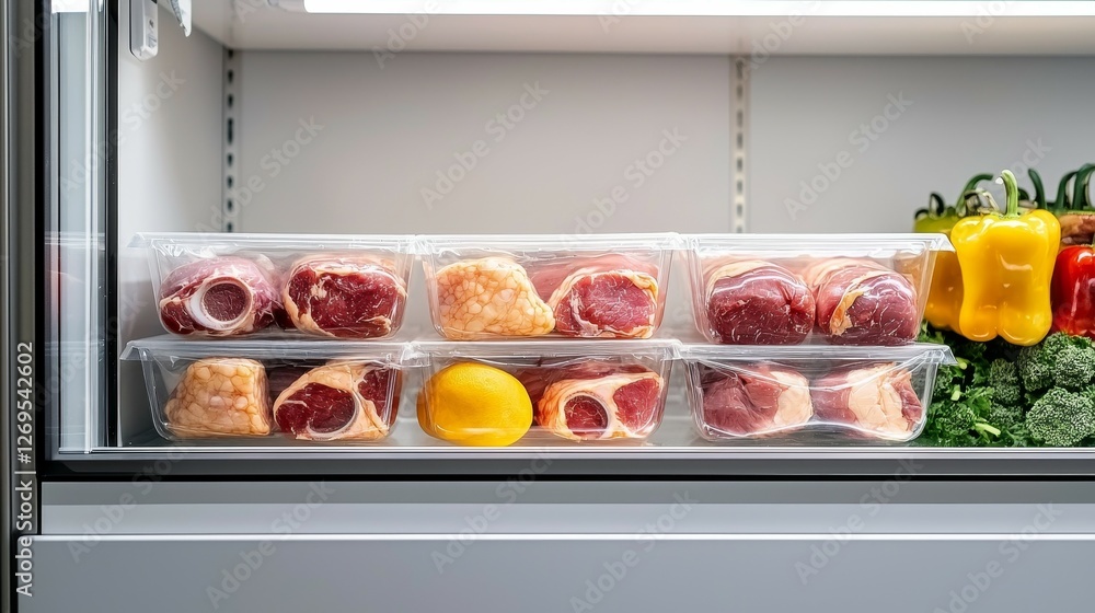 food safety and storage concept. Meat and vegetables in a refrigerator display food safety and storage concept. Meat and vegetables in a refrigerator display
