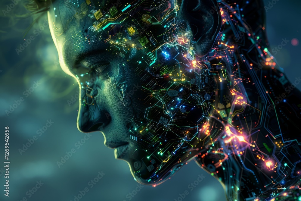 Portrait of a Futuristic Man with Neon Circuit Patterns on Skin Portrait of a Futuristic Man with Neon Circuit Patterns on Skin