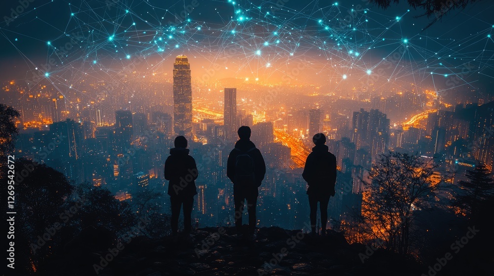 Fototapeta premium Three figures overlook a cityscape illuminated by a digital network, symbolizing connectivity.