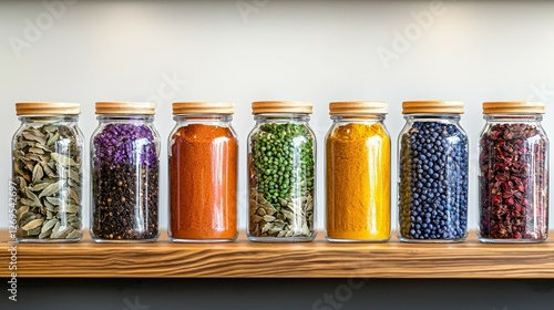 food safety and storage concept. Colorful jars of spices on a wooden shelf