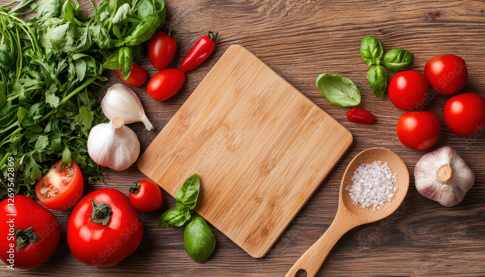Fresh ingredients for cooking with herbs, tomatoes, and spices Fresh ingredients for cooking with herbs, tomatoes, and spices