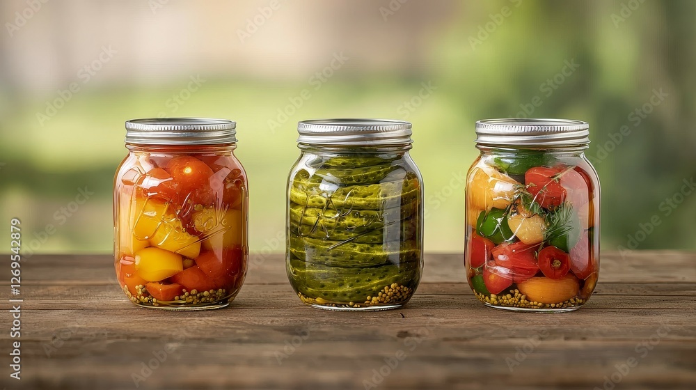 food safety and storage concept. Jars of pickled vegetables on wooden table food safety and storage concept. Jars of pickled vegetables on wooden table