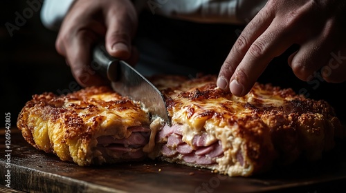 A chef hands slicing into a fresh Chicken Cordon Bleu, revealing the gooey cheese and layers of ham inside