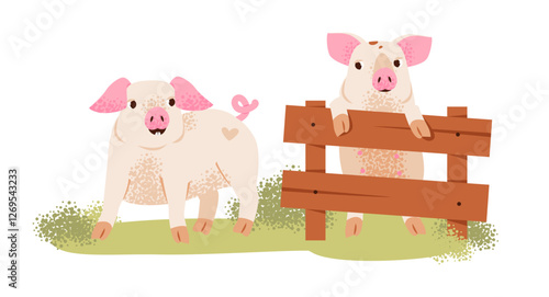 Little playful piglets near the fence. Farm cute animals. Flat vector illustration.