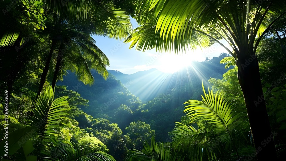 A lush green jungle with tall palm leaves, sunlight streaming through the trees, creating a serene and vibrant nature scene. Concept Lush Green Jungle, Sunlight Streaming, Serene Nature Scene A lush green jungle with tall palm leaves, sunlight streaming through the trees, creating a serene and vibrant nature scene. Concept Lush Green Jungle, Sunlight Streaming, Serene Nature Scene
