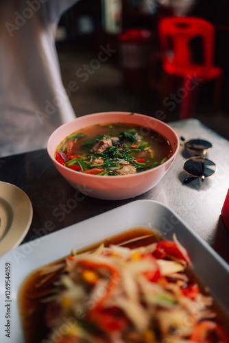 Photography thai street food soup and papaya salad in bangkok