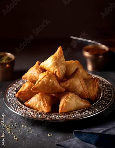 Pile of golden crispy samosas on a silver plate, dark moody lighting