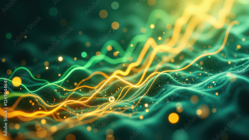 Naklejka premium Financial growth visualization with a vibrant abstract background featuring neon-colored lines and particles.
