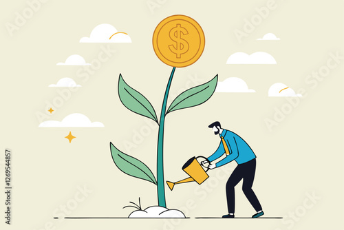 Financial or investment growth, increase earning profit and capital gain, success in wealth management concept, smart businessman investor finish watering growing money plant seedling with coin flower