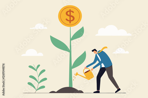 Financial or investment growth, increase earning profit and capital gain, success in wealth management concept, smart businessman investor finish watering growing money plant seedling with coin flower