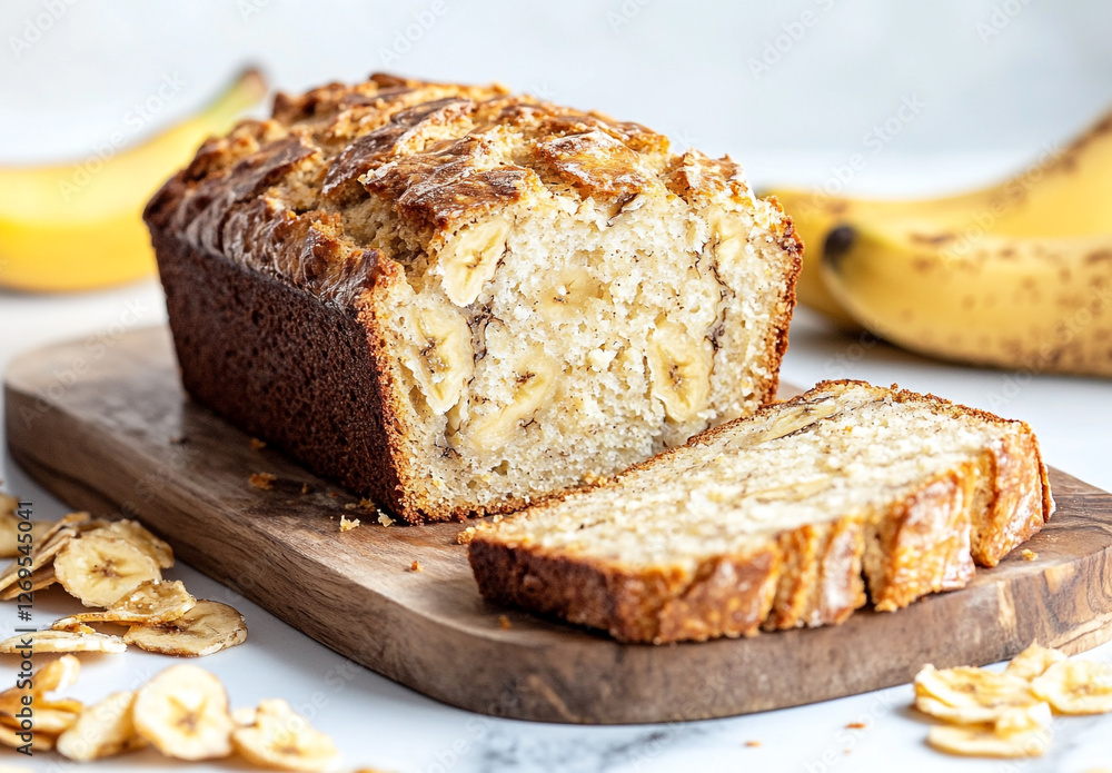 Moist and Fluffy Banana Bread Loaf, Partially Sliced, Resting on a Wooden Board Moist and Fluffy Banana Bread Loaf, Partially Sliced, Resting on a Wooden Board