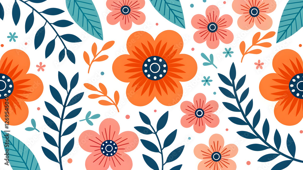 Seamless floral pattern with orange and pink flowers, blue leaves, and botanical elements on a white background, modern decorative nature design Seamless floral pattern with orange and pink flowers, blue leaves, and botanical elements on a white background, modern decorative nature design