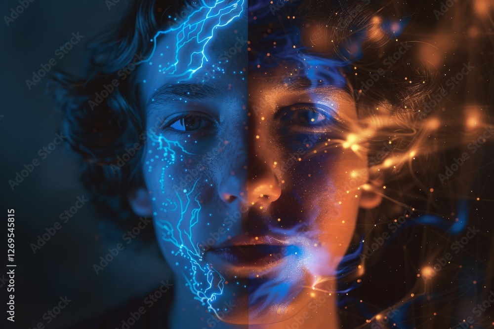 Youthful Face with Electric Energy and Colorful Light Effects Youthful Face with Electric Energy and Colorful Light Effects
