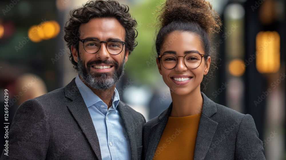 Man and woman with glasses smiling in business attire. Professional team concept Man and woman with glasses smiling in business attire. Professional team concept