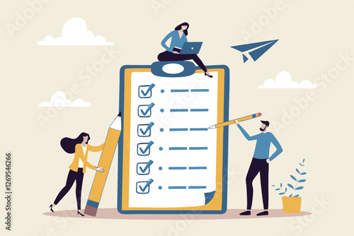 Checklist to complete project task, accomplish work checkmark, todo list clipboard or project status report, plan to finish work concept, business people holding pencil complete task checkbox.