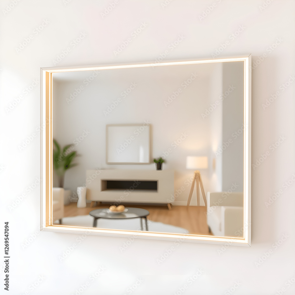 Fototapeta premium Minimalistic Plastic Frame Mirror in a Modern Living Room: 