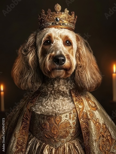 A regal dog wearing a crown and ornate clothing, set against a dark background illuminated by candlelight.
