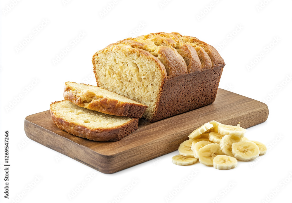Freshly Baked Banana Bread Slices on a Wooden Board, White Background Freshly Baked Banana Bread Slices on a Wooden Board, White Background