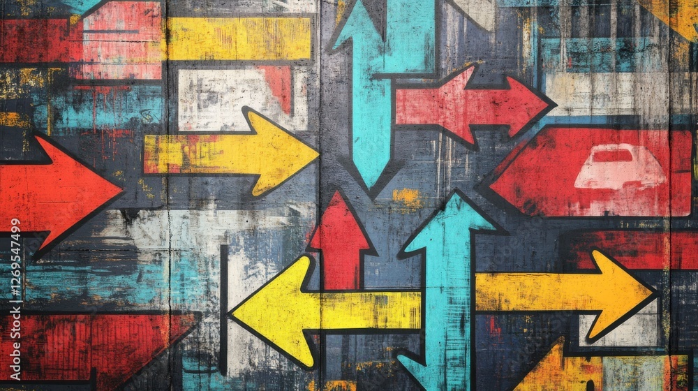 Vibrant Urban Street Signs and Arrows, Cityscape, Graphic Art, Grungy Background, Close-Up, Modern Design Vibrant Urban Street Signs and Arrows, Cityscape, Graphic Art, Grungy Background, Close-Up, Modern Design